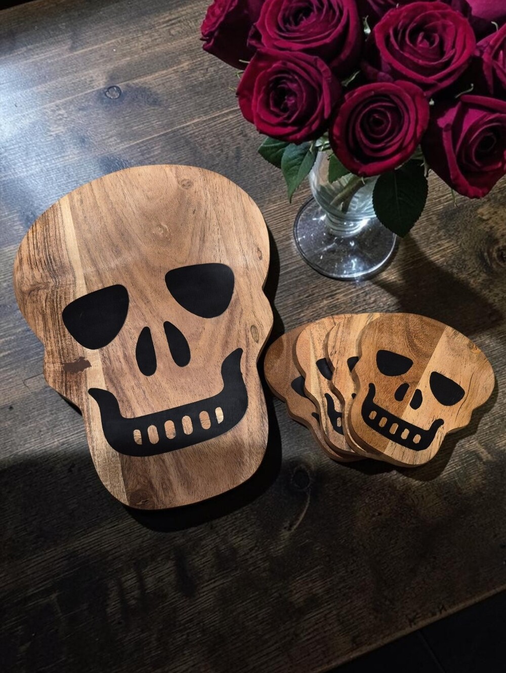 Skull Wooden Serving Board and 4-piece Coaster Set
